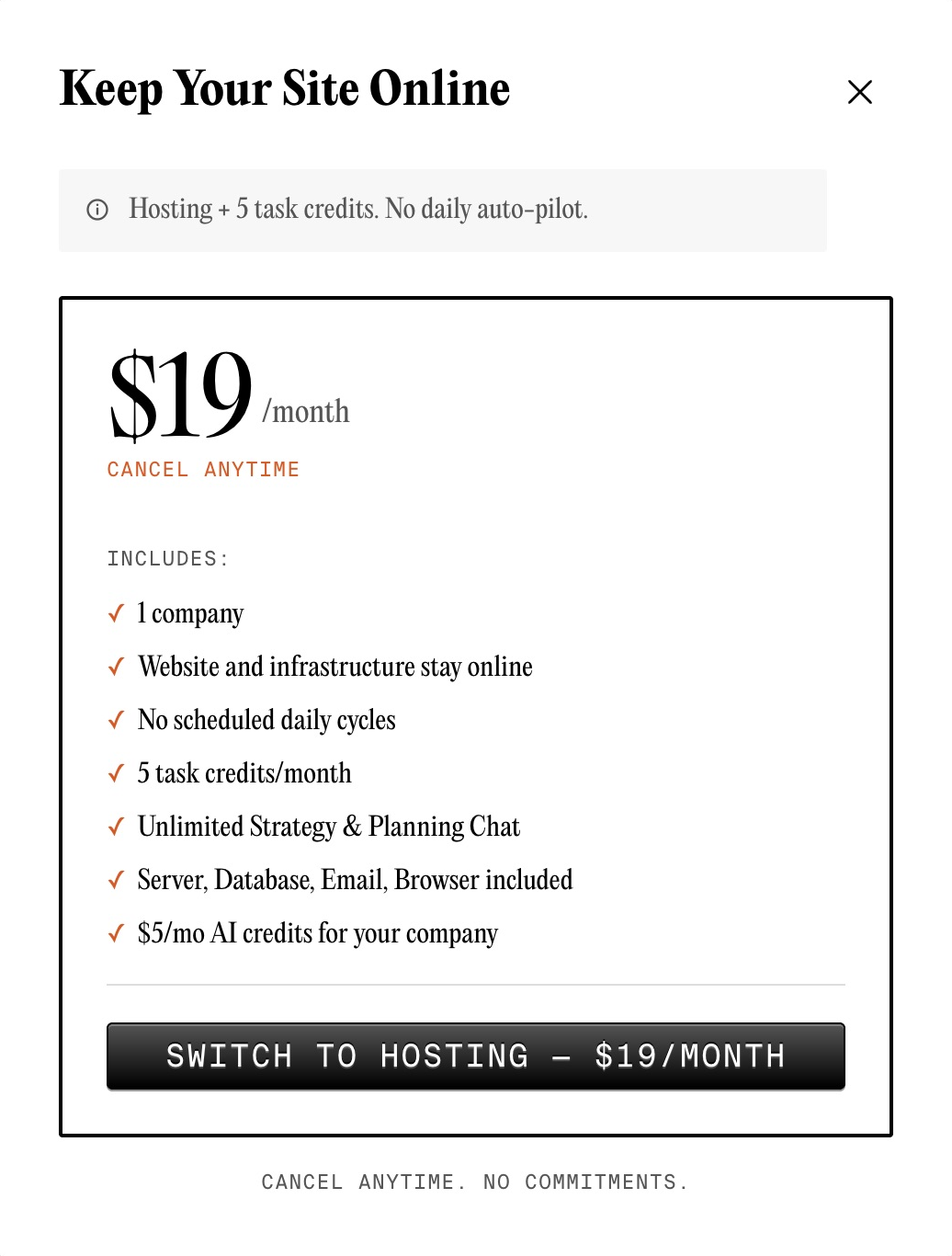 Polsia hosting dialog captured October 8, 2026 in our existing account: Keep Your Site Online at $19 per month, 5 task credits and no scheduled daily cycles