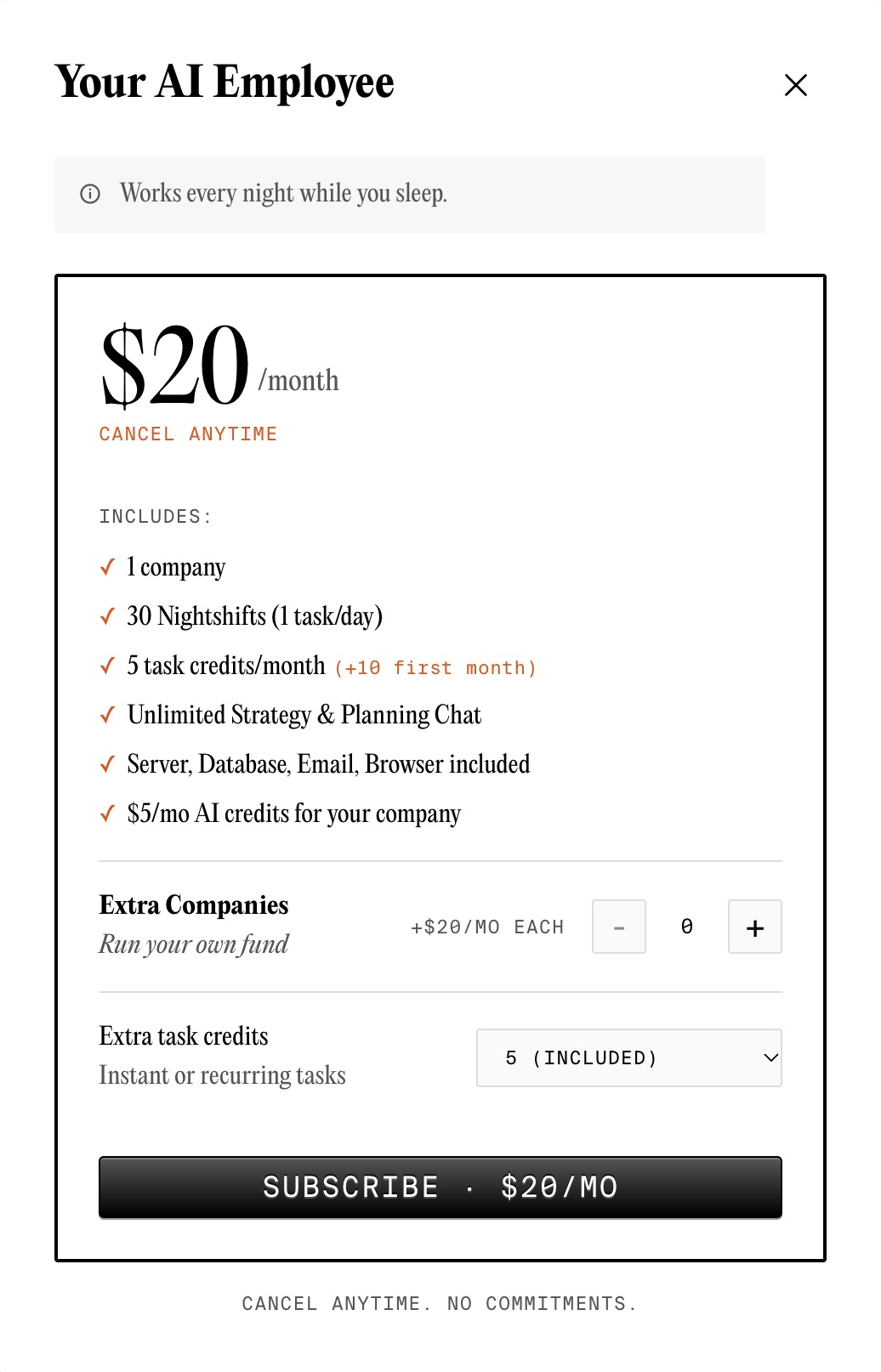 Polsia pricing dialog captured October 8, 2026 in our existing account: $20 per month, 1 company, 30 Nightshifts, 5 monthly task credits and extra companies at $20 per month each